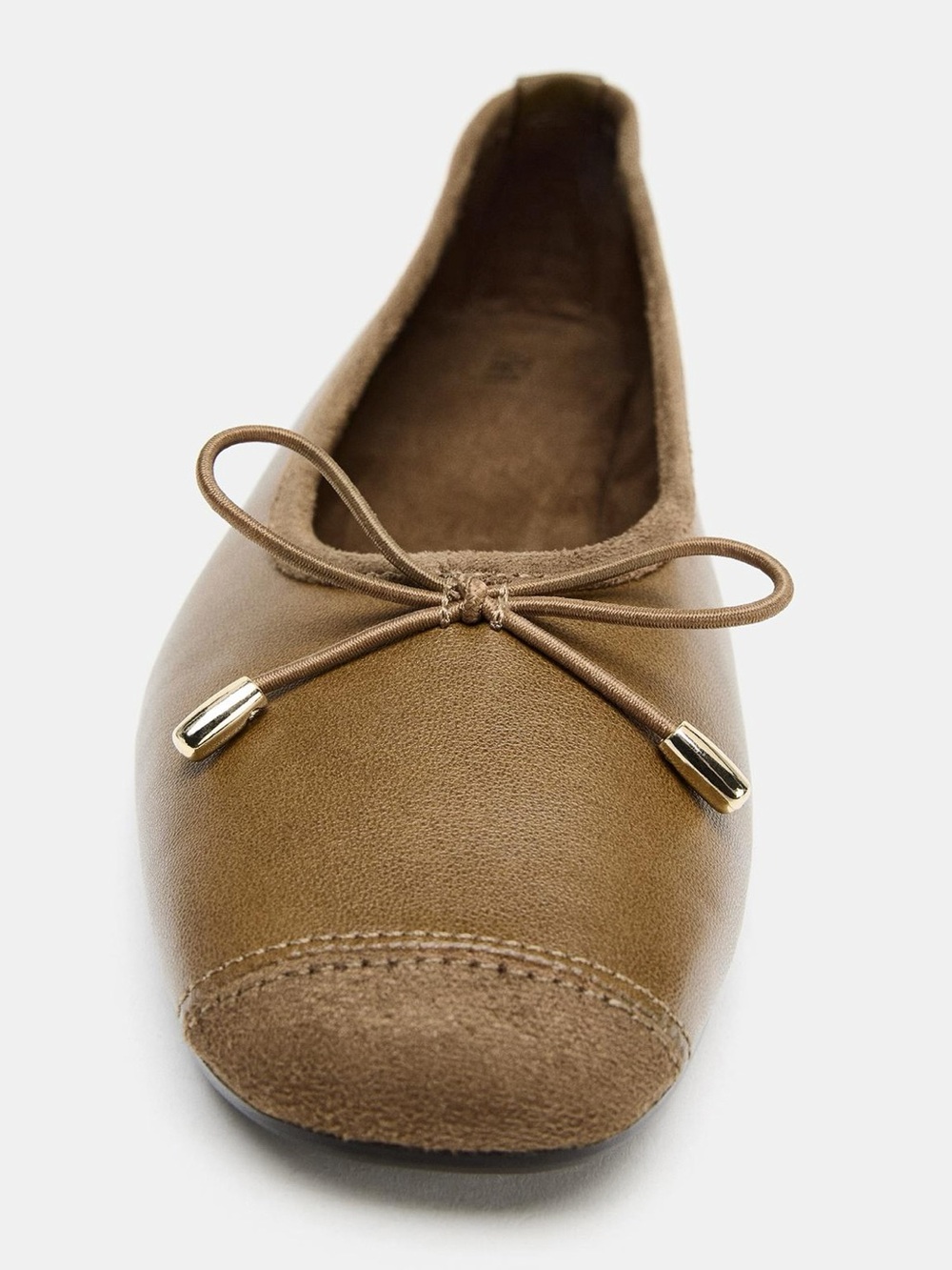 Zara Tan Ballet Flat with Bow and Gold Aglets